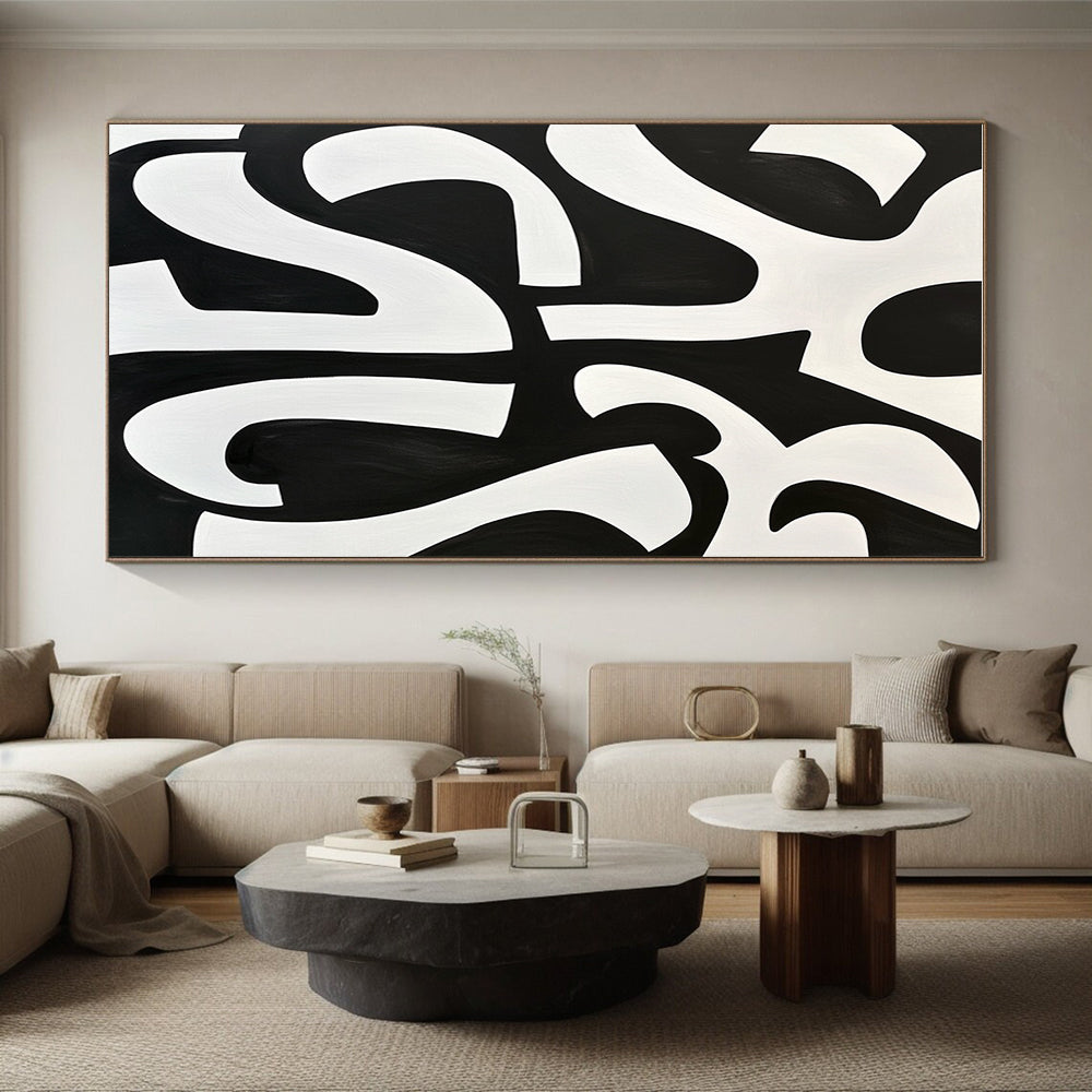 Bold Black and White Curved Abstract Painting GER236
