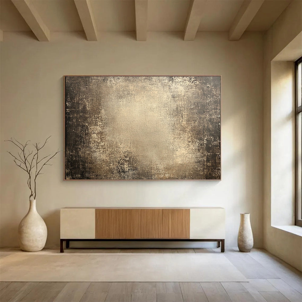 Large abstract canvas with an aged textured surface featuring a dark gradient and spotlight enhancing its weathered, grungy appearance.SC481