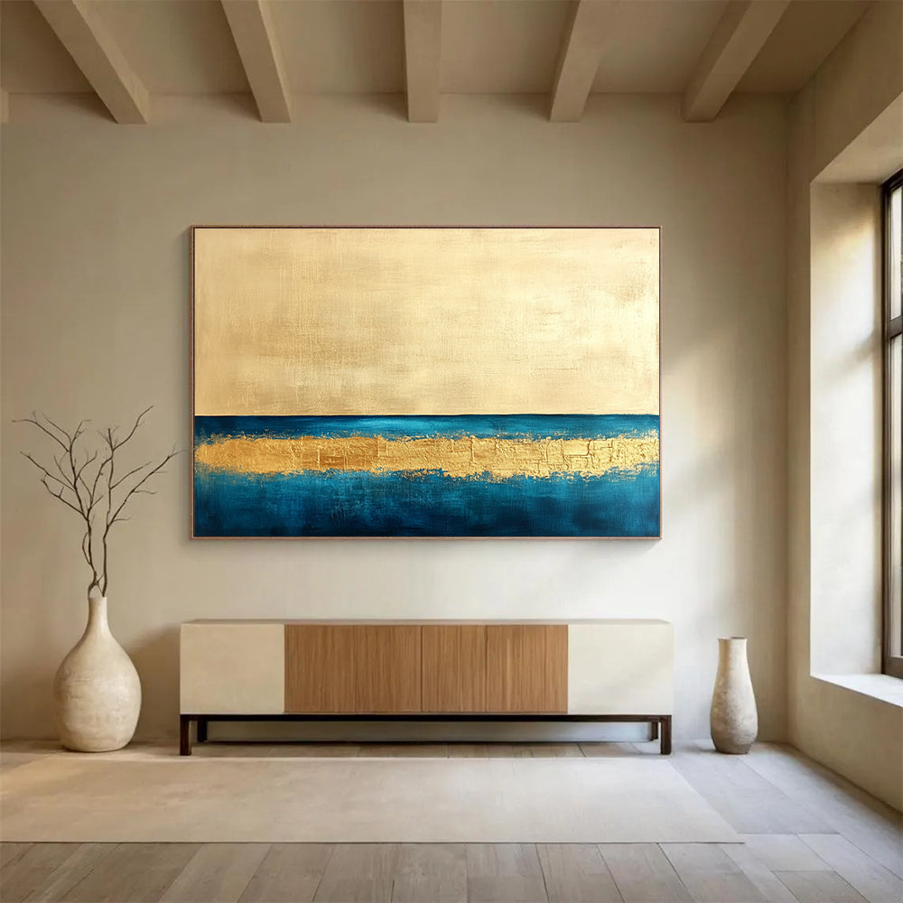 Gold and Blue Minimalist Abstract Painting with Textured Gold Band DYP314