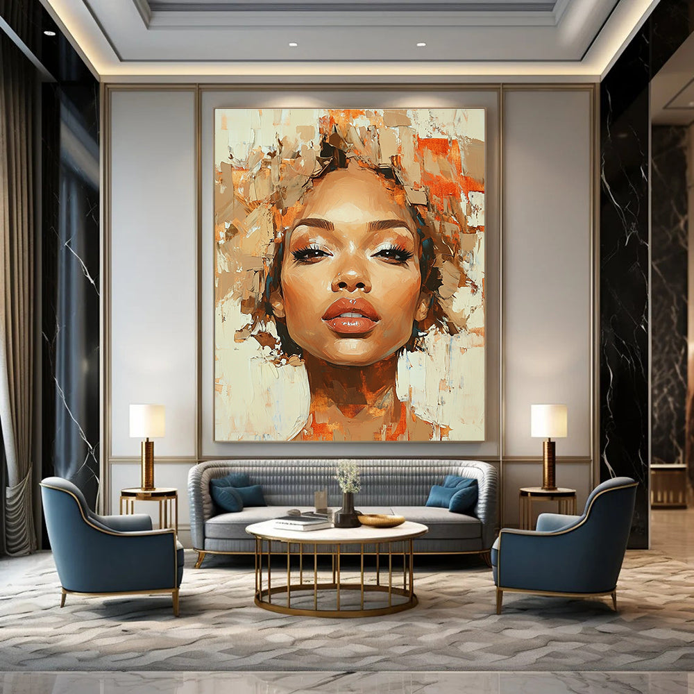 A Large Abstract Painting Featuring An African American Woman With Curly Hair In Ethereal Shades Of Brown Beige Gold And Red-Orange.STSC862