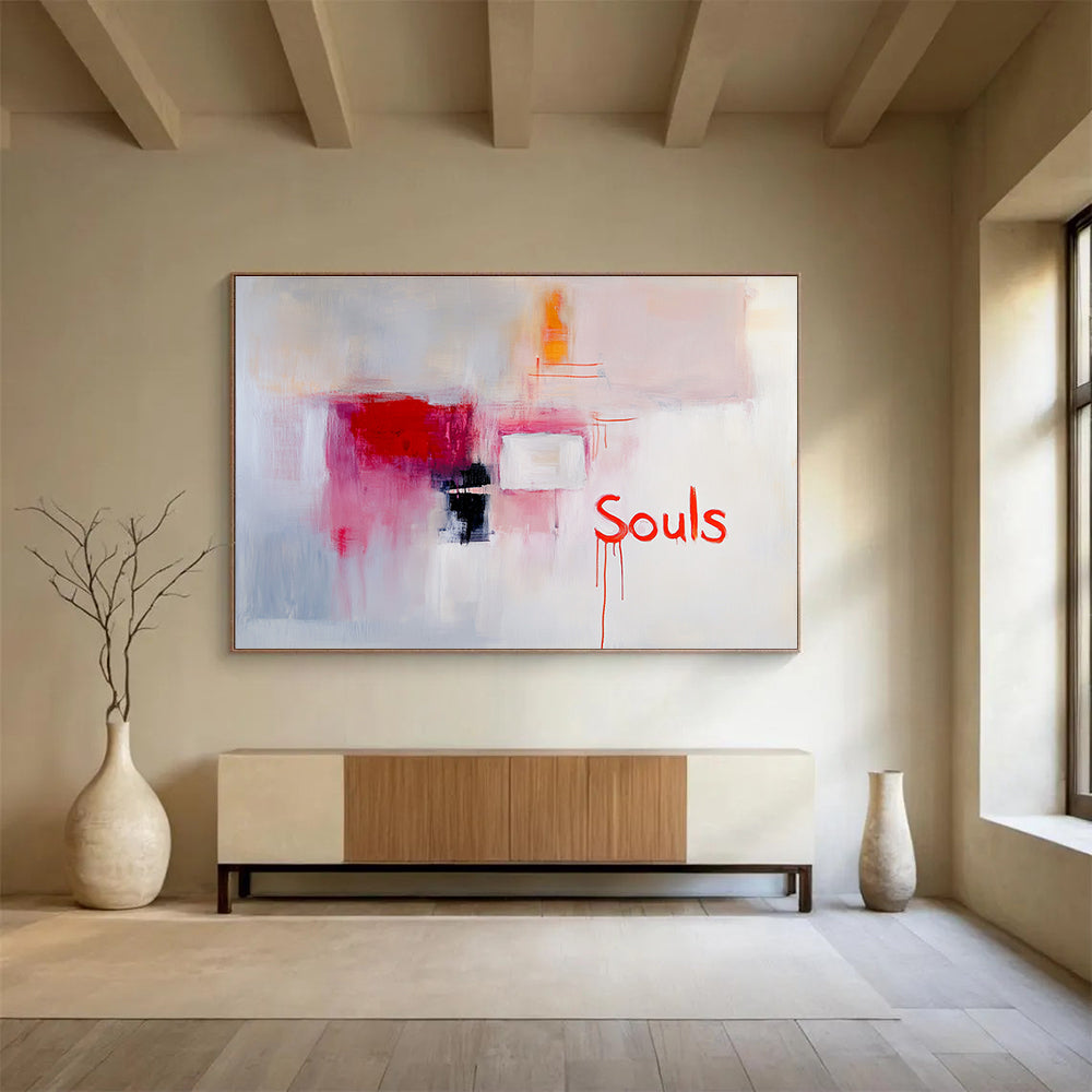 Pink and Red Abstract “Souls” Painting with Evocative Text DYP298