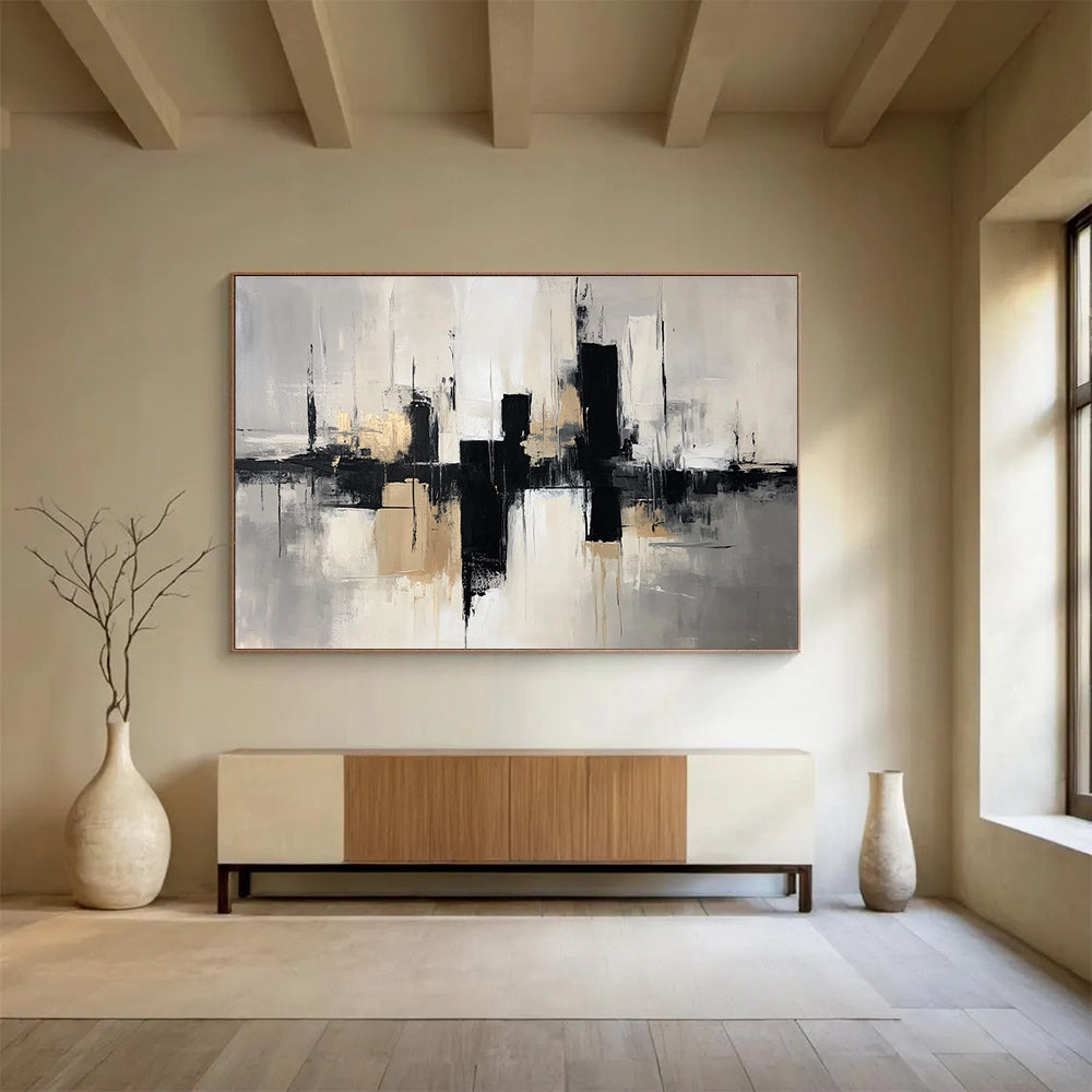 Grey Black and Gold City Abstract Painting with Reflection Details DYP178