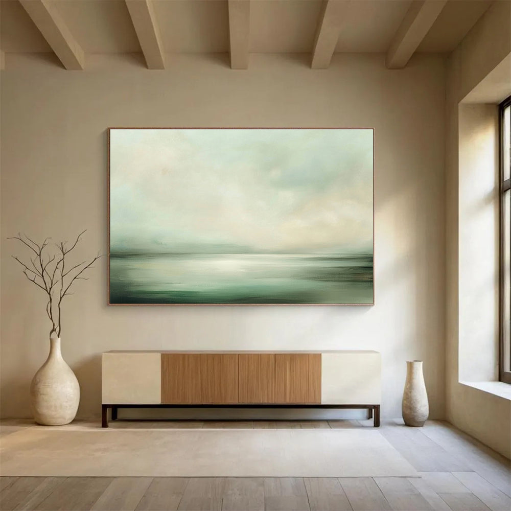 Large abstract painting capturing soft greens and whites of sea and sky, creating an ethereal atmosphere of tranquility and serenity.SC070