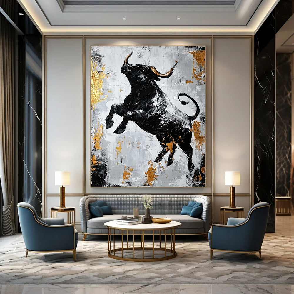 Large abstract painting featuring a dynamic black bull in gold and gray with strong contrasts and rough brushstrokes conveying powerful strength.STSC913