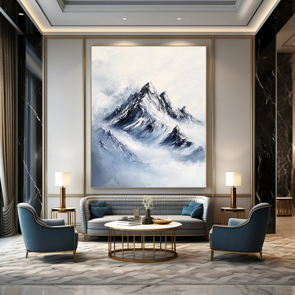 A large abstract painting featuring a rugged mountain peak with intricate rocky textures and deep blue snow-covered peaks against a white background.STSC1168