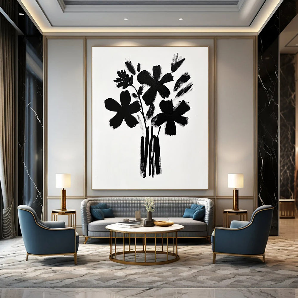 A large abstract painting featuring a bouquet of flowers in black brush strokes on white paper inspired by Matisse and Hockney's minimalistic styles.STSC925