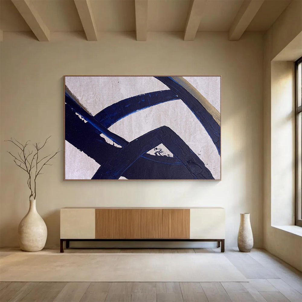 Navy Gold Abstract Painting with Intertwined Shapes THY350
