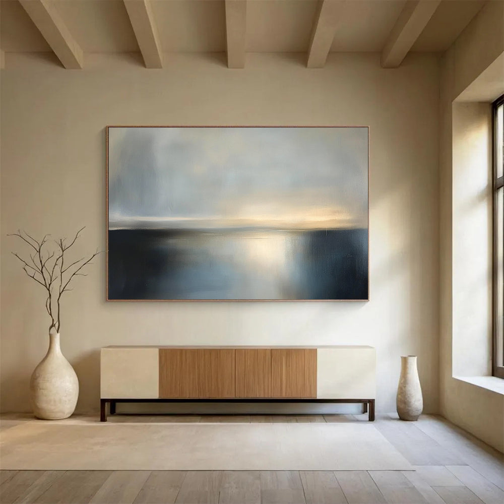 Large abstract painting featuring a tranquil dusk sky and sea in soft gray tones, evoking serene stillness with a minimalist style.SC079