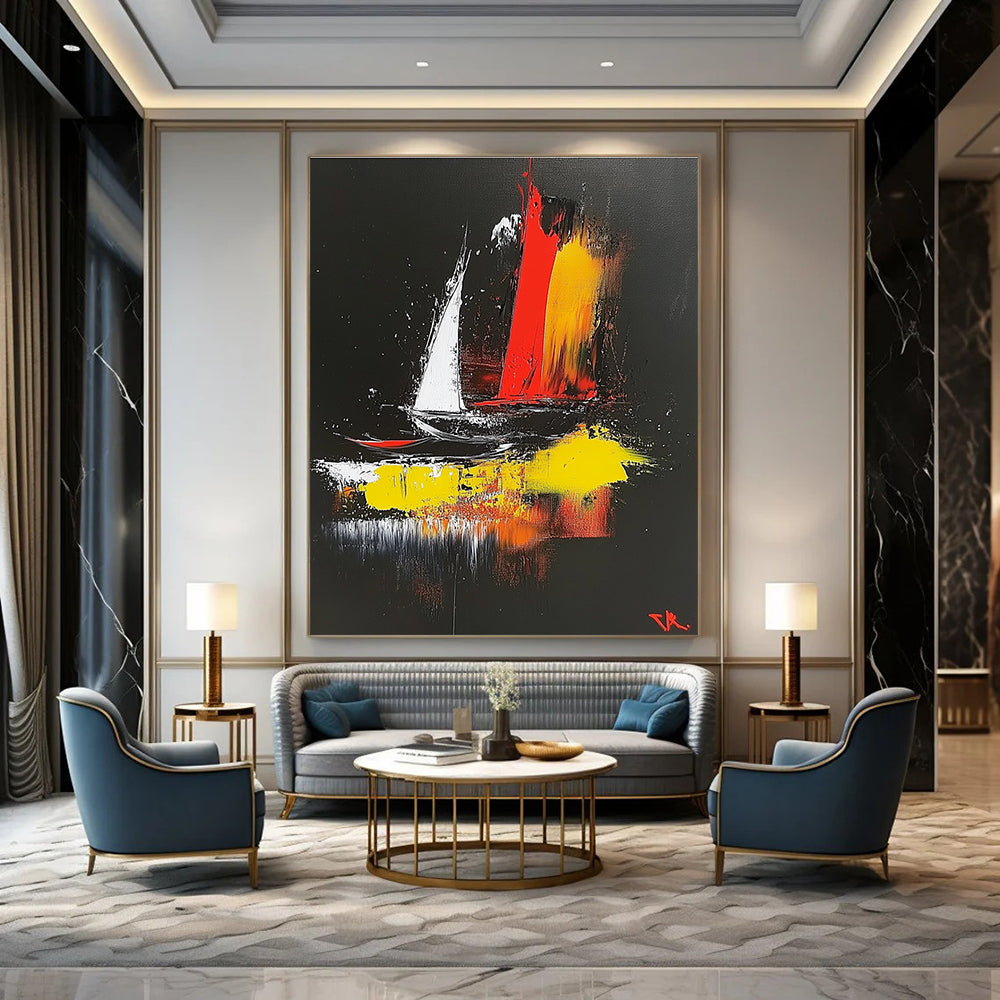 Abstract painting on a black background featuring dynamic red yellow white and black shapes evoking a sailing boat in the wind inspired by Zao Wou-Ki.STSC390