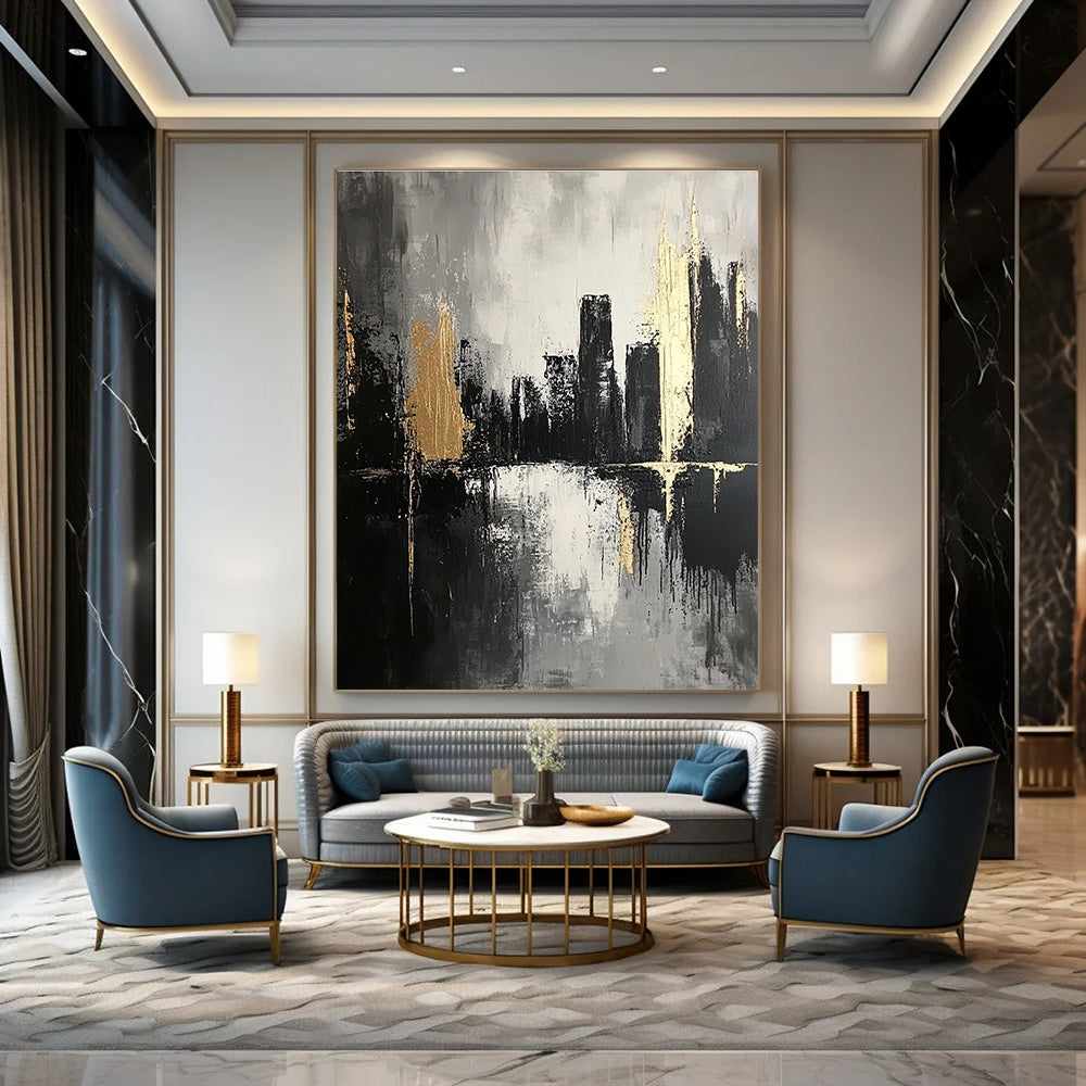 Large abstract painting featuring thick brush strokes in dark grays and subtle gold highlights creating an atmospheric monochromatic cityscape on canvas.STSC020