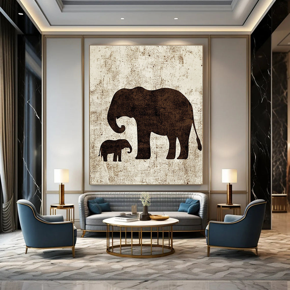 A large abstract artwork featuring minimalist silhouettes of an elephant and a baby elephant in textured brown ink on white paper.STSC1095