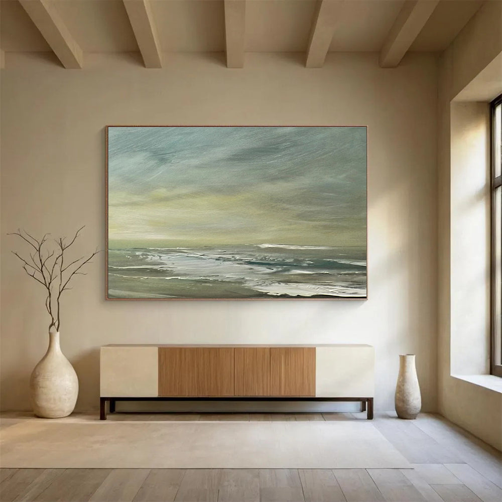 Muted Green Grey Sea Sky Abstract Painting THY026
