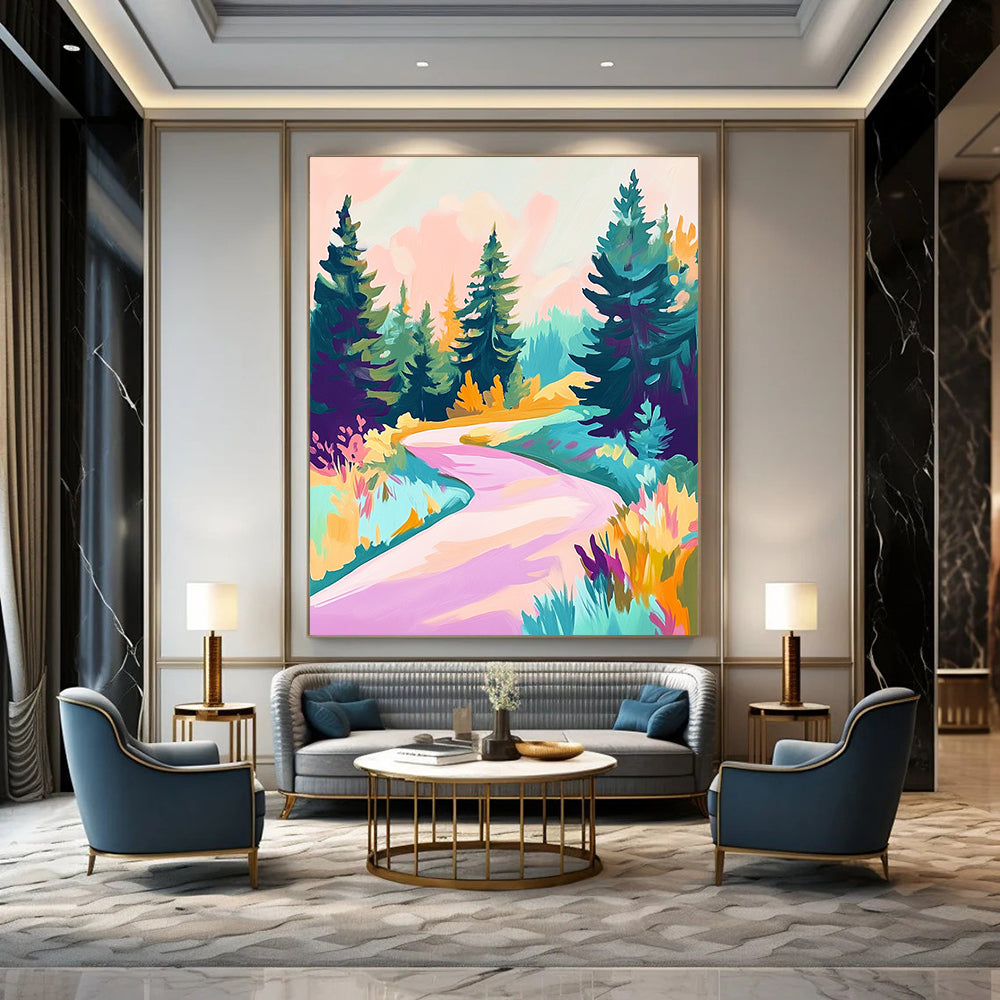 Abstract painting featuring an alpine road with pine trees in shades of teal purple pink and yellow using a soft-focus acrylic technique.STSC1019