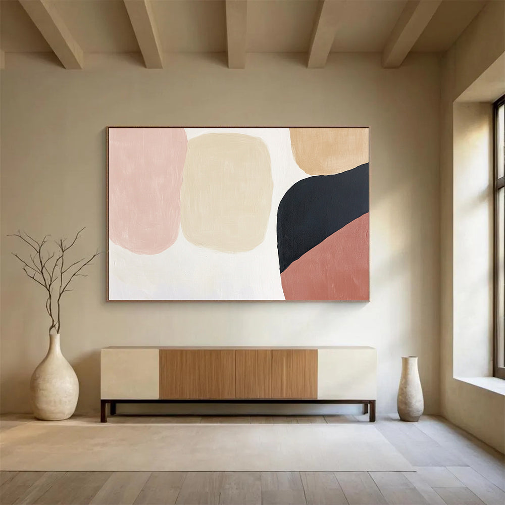 Abstract art in soft pink, beige, and black hues on a clean white background perfect for modern decor and elegant spaces.SC279