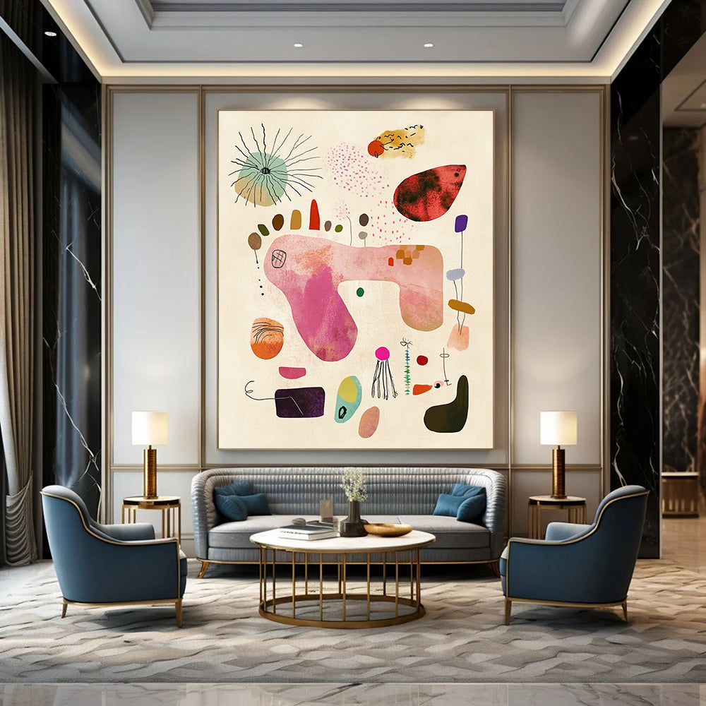 A large abstract painting featuring whimsical shapes and textures in soft pastel colors evoking joy and a carefree spirit on light beige paper.STSC1236
