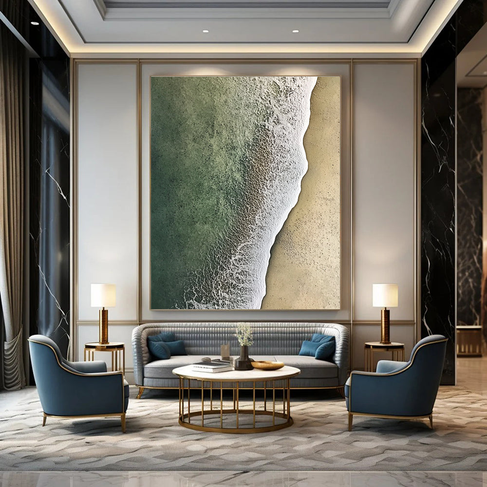 Large abstract painting of soft textured sand meeting green and white water from an aerial view, evoking serenity and natural beauty.STSC1159