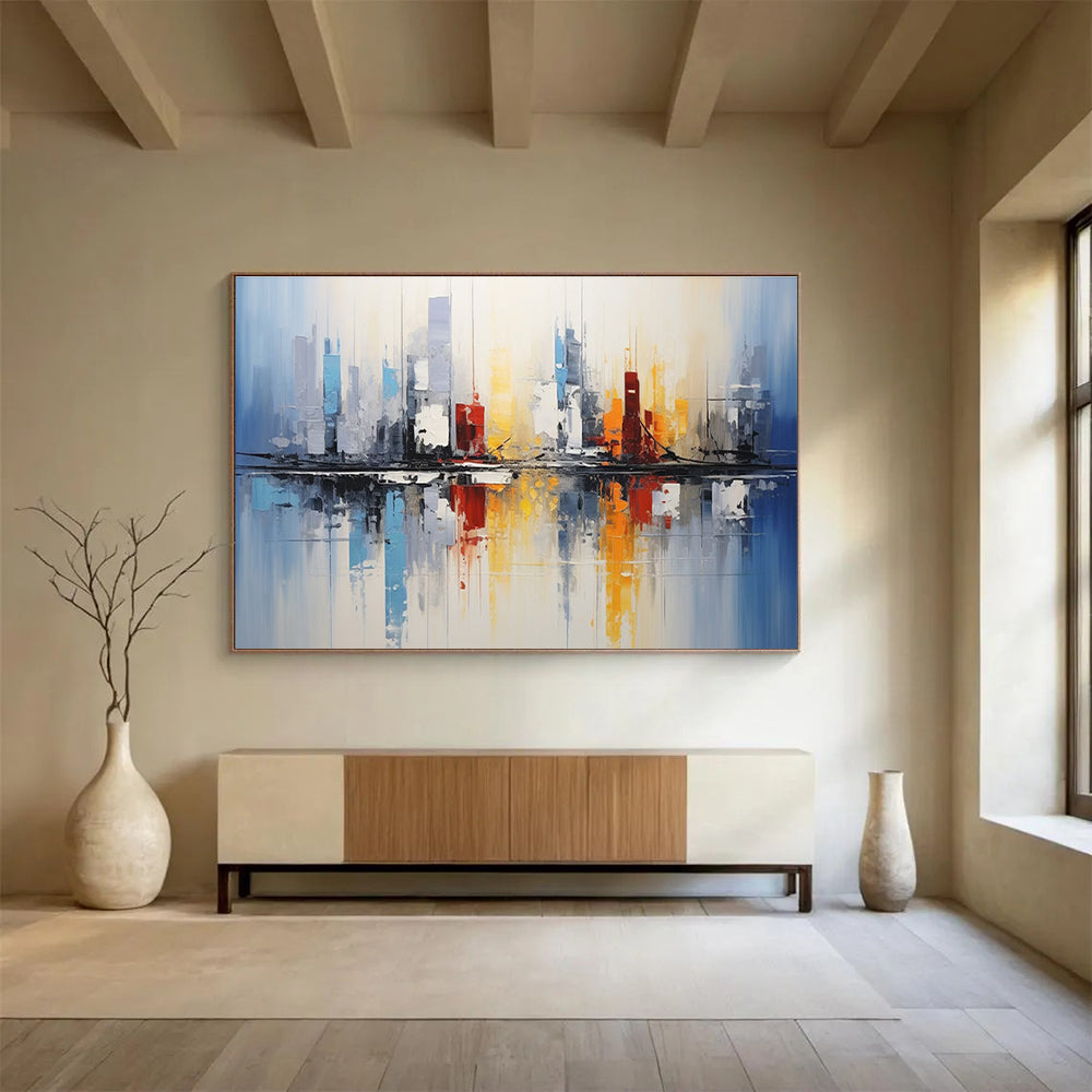 Cityscape Reflection Abstract Painting with Blue, Red, and Yellow Tones THY170