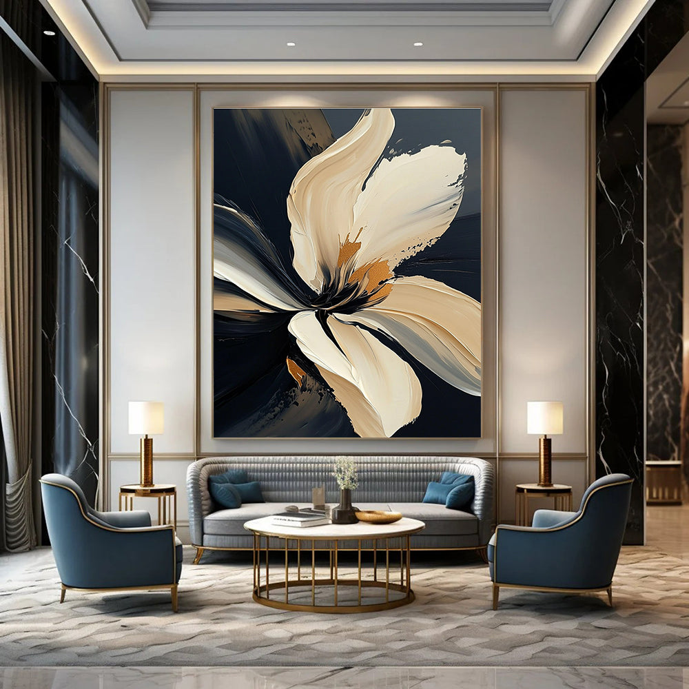 Large abstract painting of a textured white flower with bold strokes and gold accents on a dark gray background.STSC295