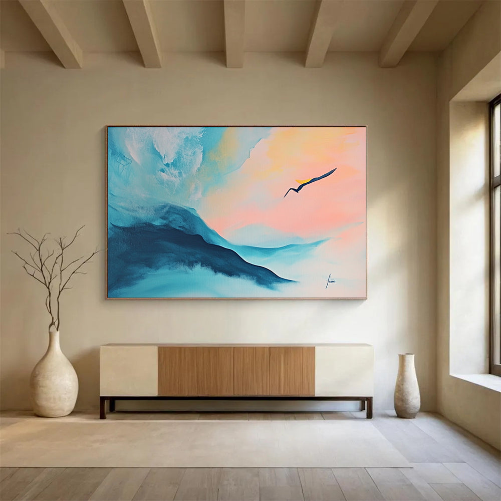 Colorful Abstract Painting of Mountains and a Bird in Flight DYP145