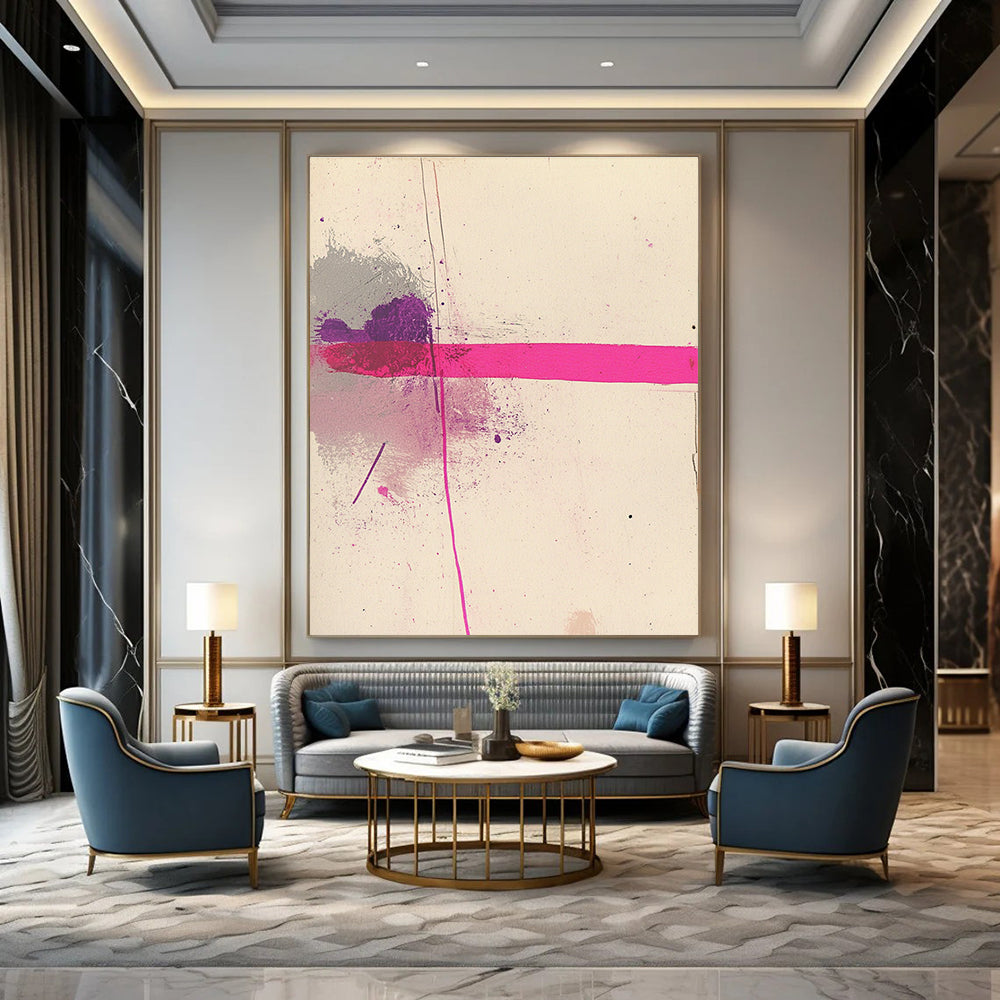 Large abstract pink line artwork on white paper accented with grey and purple for a modern artistic touch.STSC1181