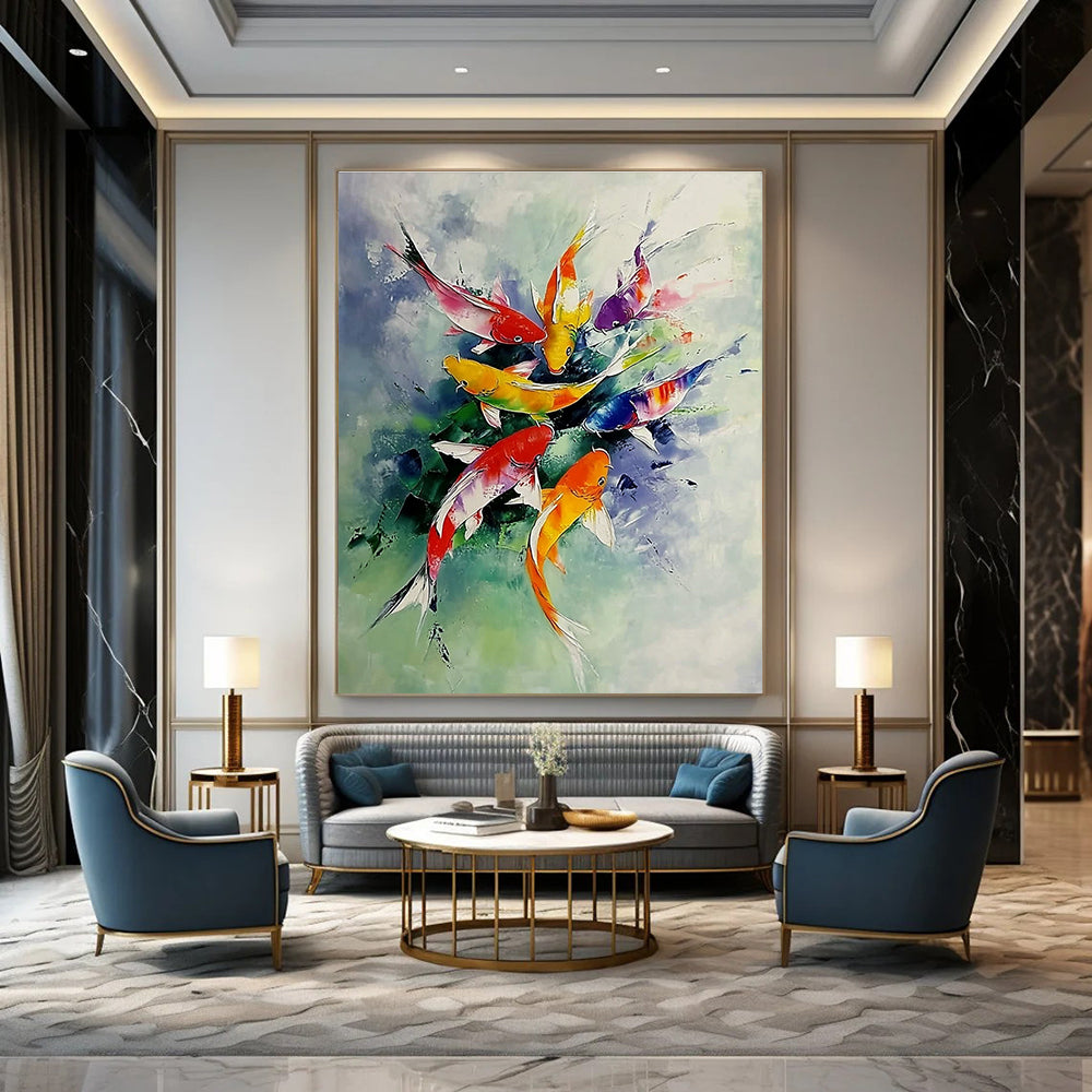 Abstract painting of colorful koi fish leaping from water surrounded by misty clouds on a white background with vibrant scales and light green tones.STSC1012