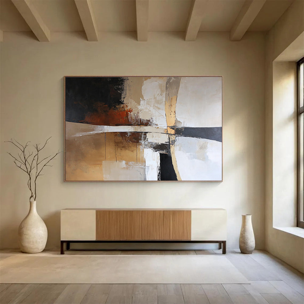 A large abstract painting featuring earth tones of white brown beige and black creating a harmonious and serene atmosphere.SC328