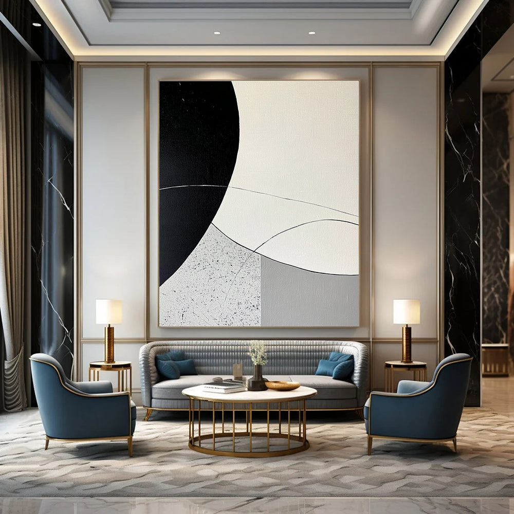 Large abstract painting featuring minimalist curved lines and rounded shapes in black and gray on a textured white background with a circular pattern.STSC436