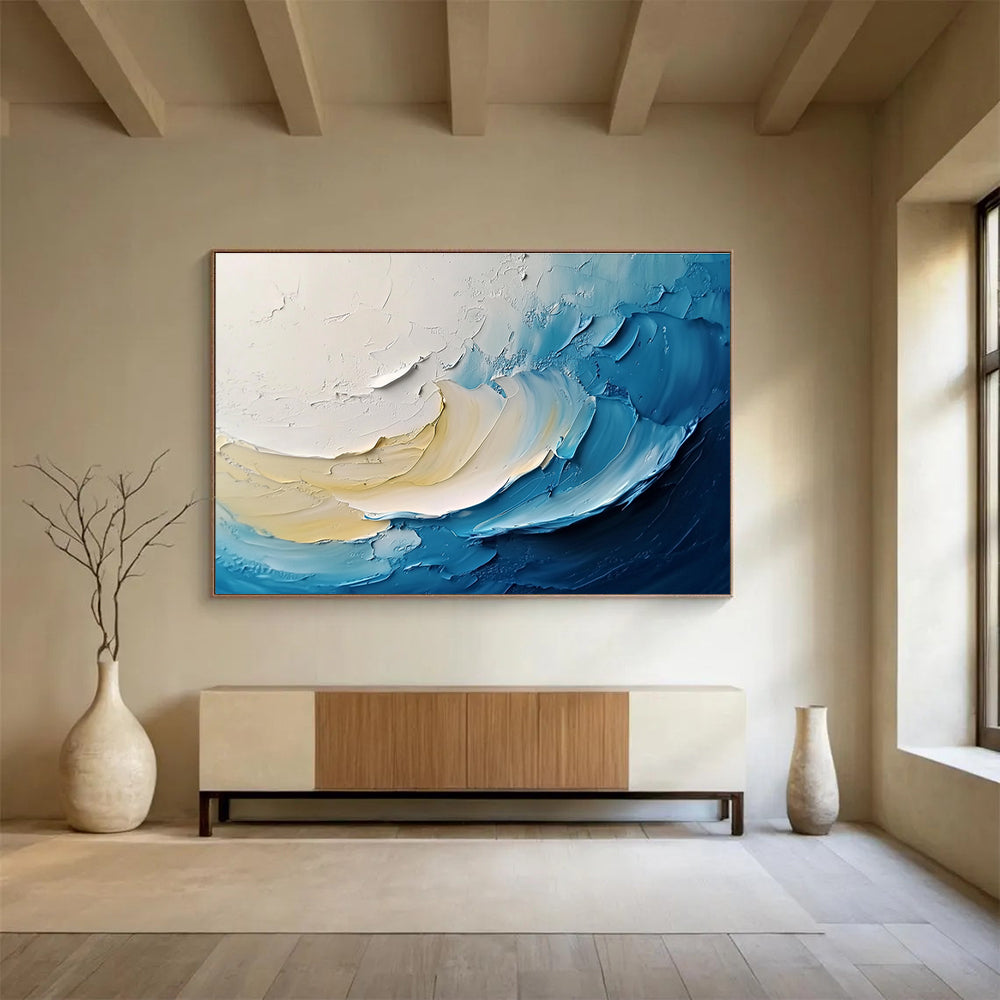 Textured Wave Abstract Painting with Blue and Beige Tones DYP526