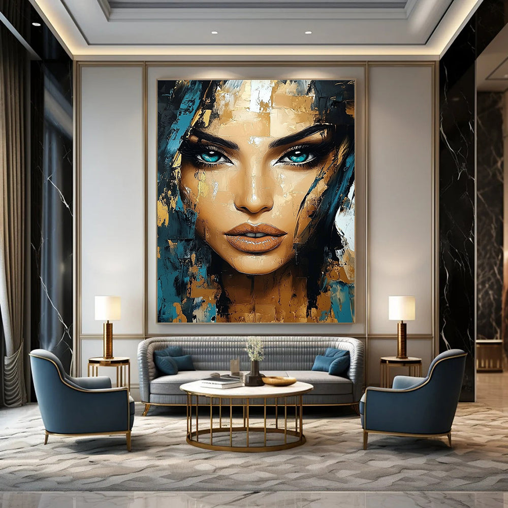 Abstract portrait of a beautiful woman with turquoise eyes and gold accents featuring expressive brush strokes and intricate details in the style of Ismail Inceoglu.STSC456