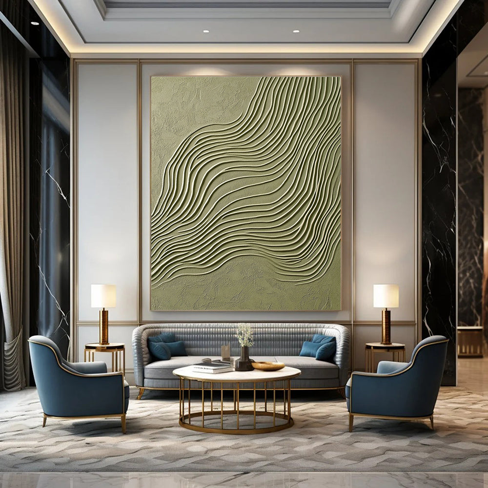 An Abstract Artwork Featuring Elegant Olive Green and White Lines, Perfect for Showcasing Product Designs and Architectural Drawings.STSC940