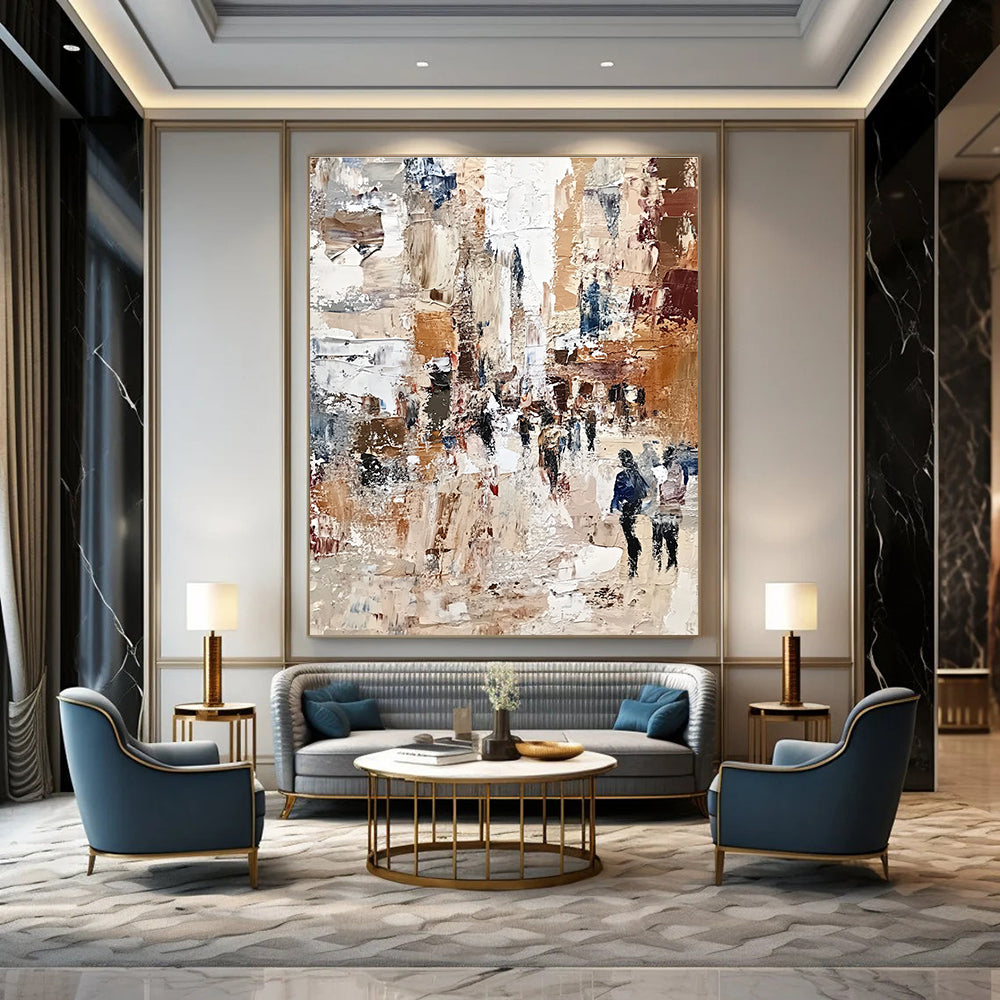 Large abstract painting of a bustling cityscape with textured impasto strokes in muted earthy tones and patchworks of warm colors, evoking impressionistic depth.STSC597