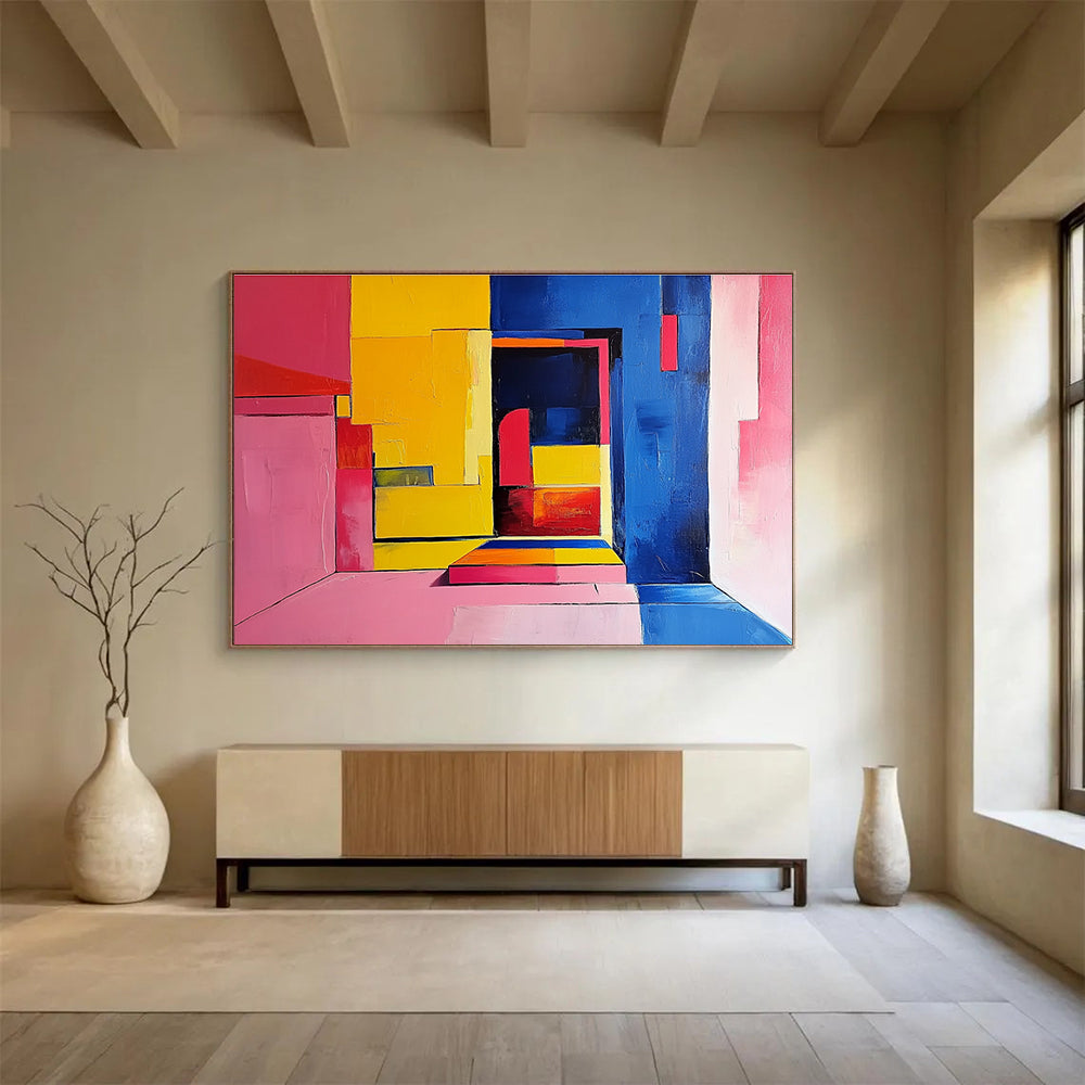 Geometric Color Block Interior Abstract Painting with Bright Hues DYP501