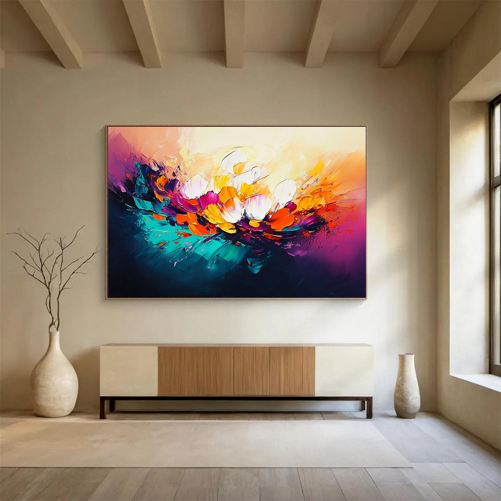 Large abstract oil painting of flowers in vibrant orange teal magenta with expressive brushwork and glowing lights creating a dynamic composition.SC320