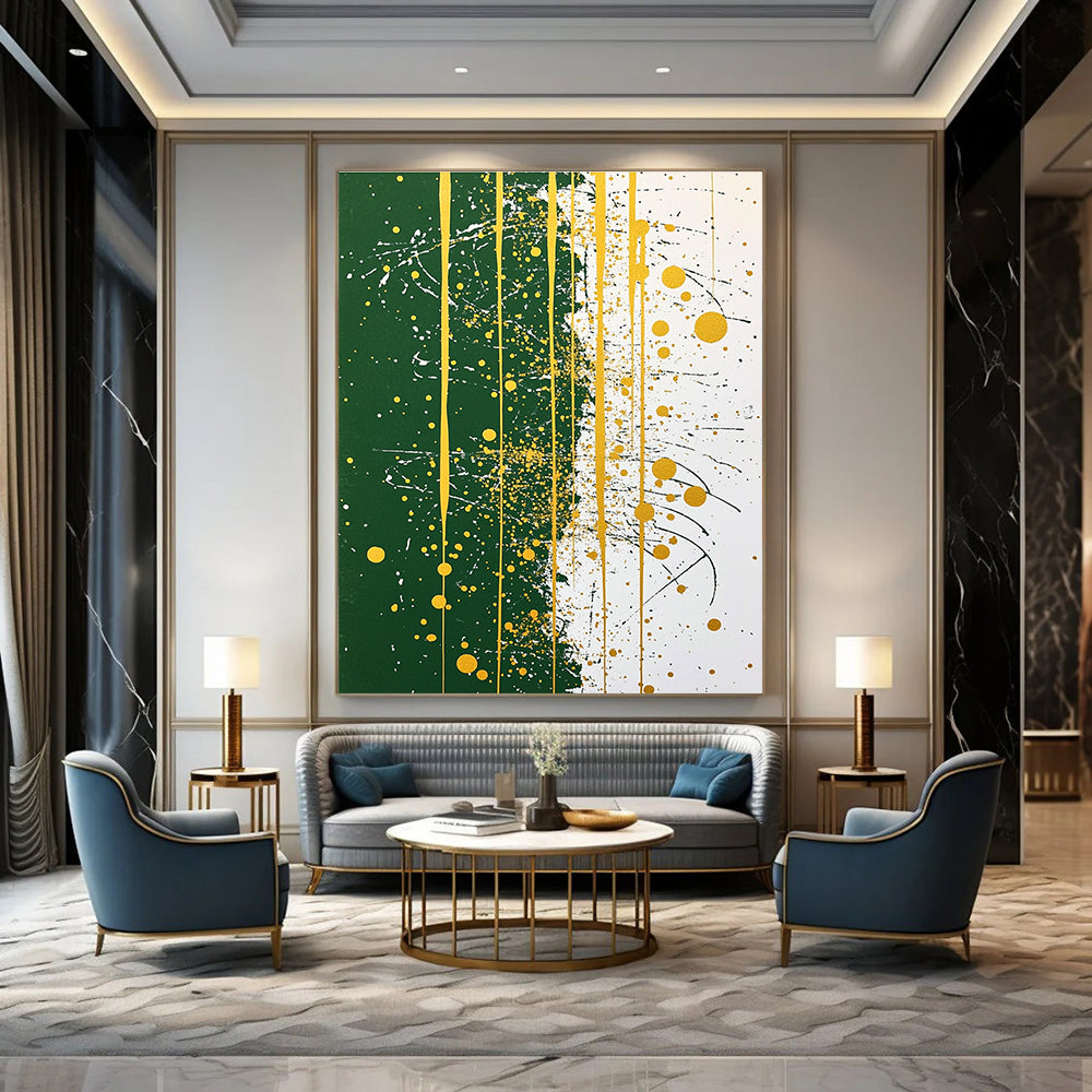 Large abstract painting featuring green and white with golden details and line art offering a balanced and symmetrical composition.STSC1172
