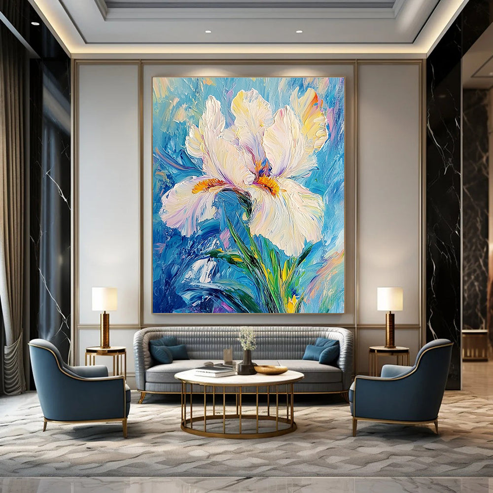 Abstract painting featuring a white iris flower on a blue background with delicate petals vibrant hues and a tranquil elegant composition.STSC1384