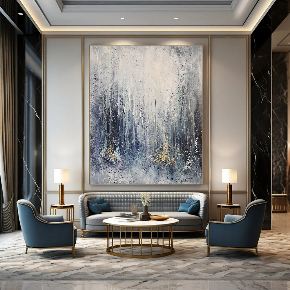 Large abstract painting capturing an ice storm featuring frozen waterfalls and icicles in gray tones with splashes of gold and blue.STSC607