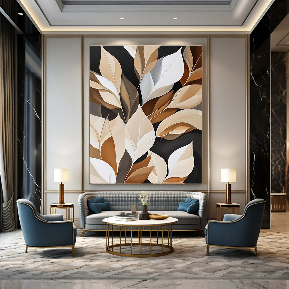 Abstract painting featuring white leaves on a rich brown and black background with geometric shapes for luxurious wall hanging.STSC367