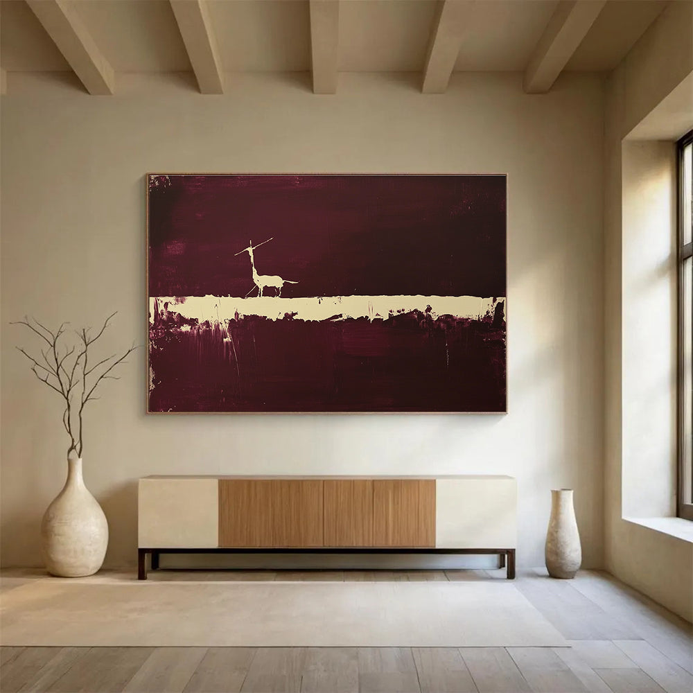 Large abstract painting featuring a minimalistic animal silhouette against a dark maroon backdrop with a striking white line drawing.SC094
