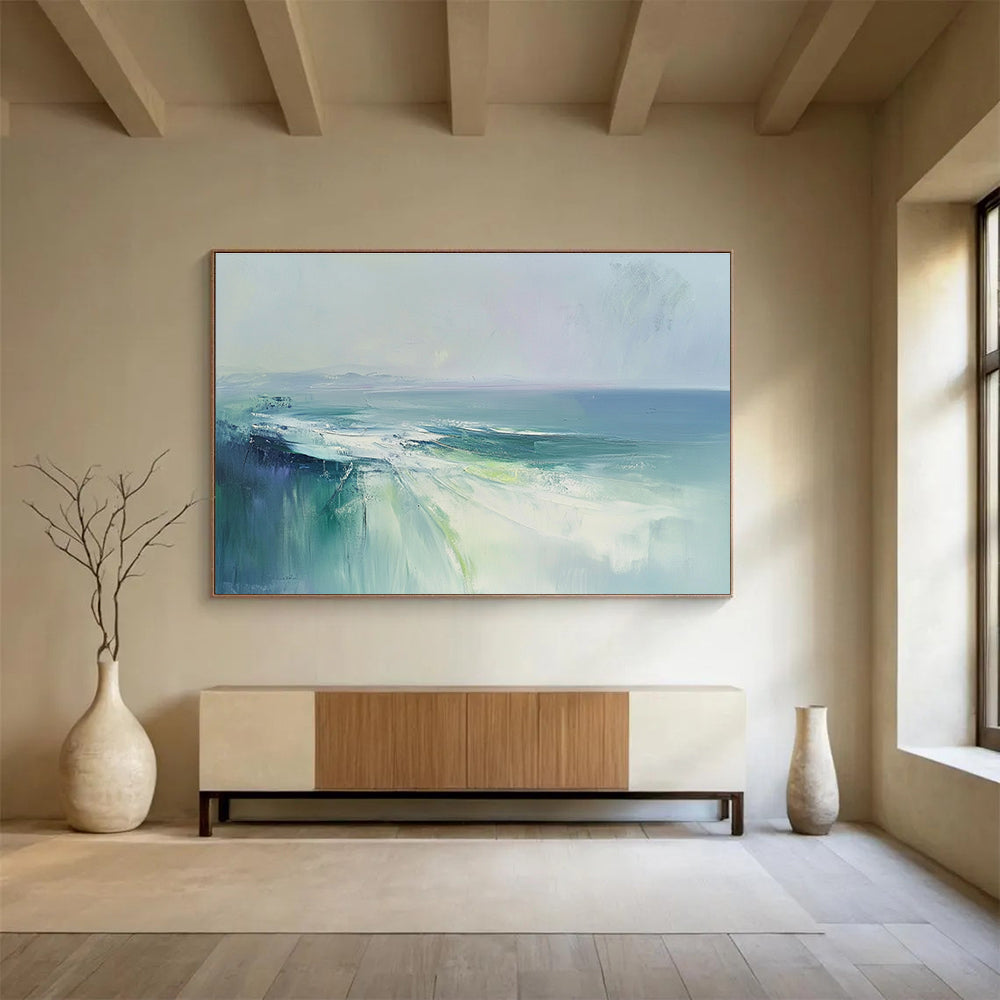 Large abstract painting of the sea with soft blues and greens, evoking a misty morning atmosphere in an ethereal and emotional style.SC047