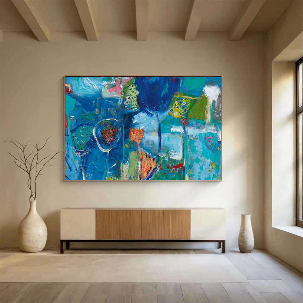 Blue Floral Abstract Painting with Colorful Accents THY234