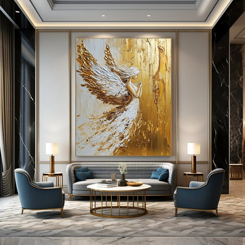 Large abstract painting in gold and white colors created with palette knife oil paint for a striking modern decor piece.STSC007