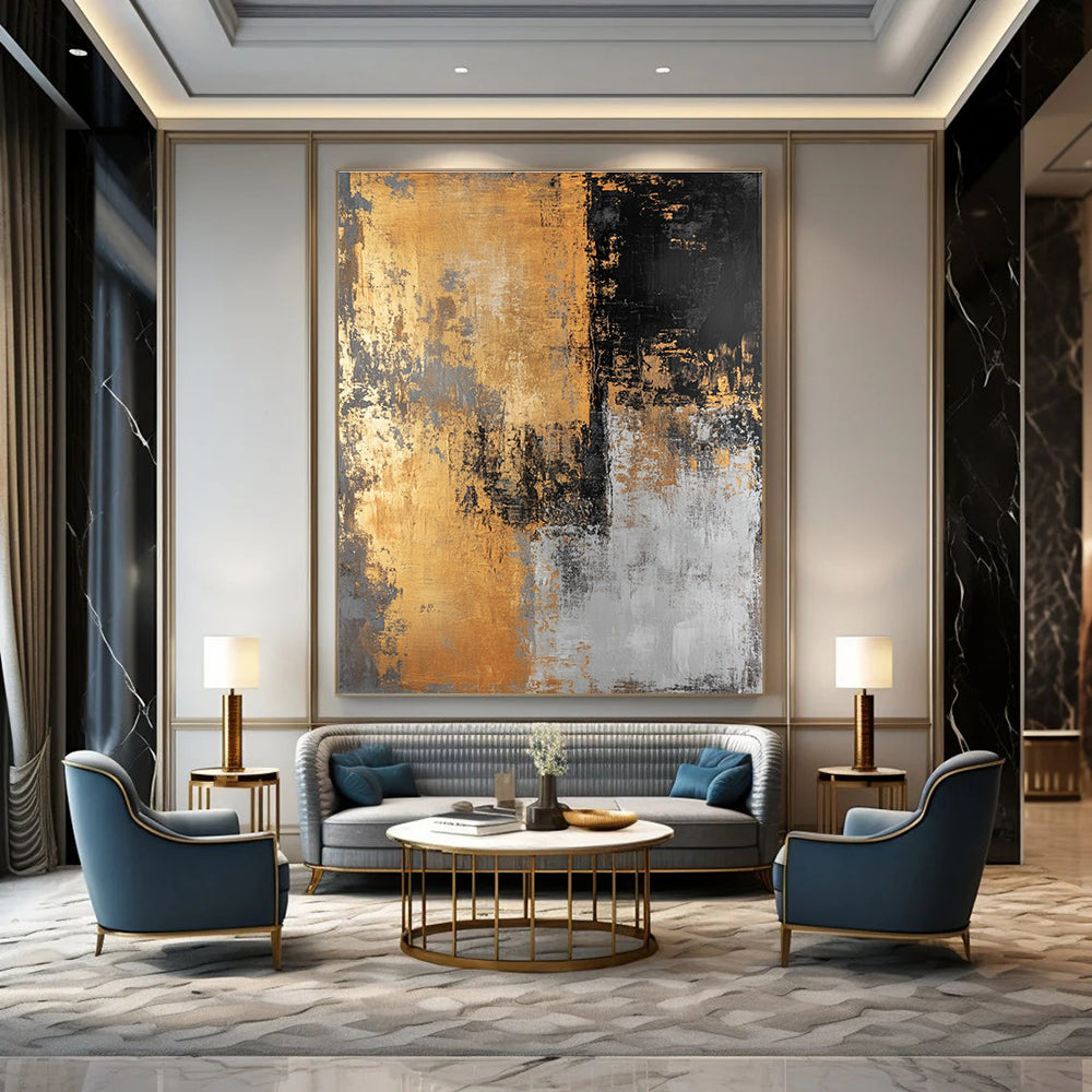 Large abstract painting in golden black and gray hues creates a striking visual impact perfect for modern decor.STSC576