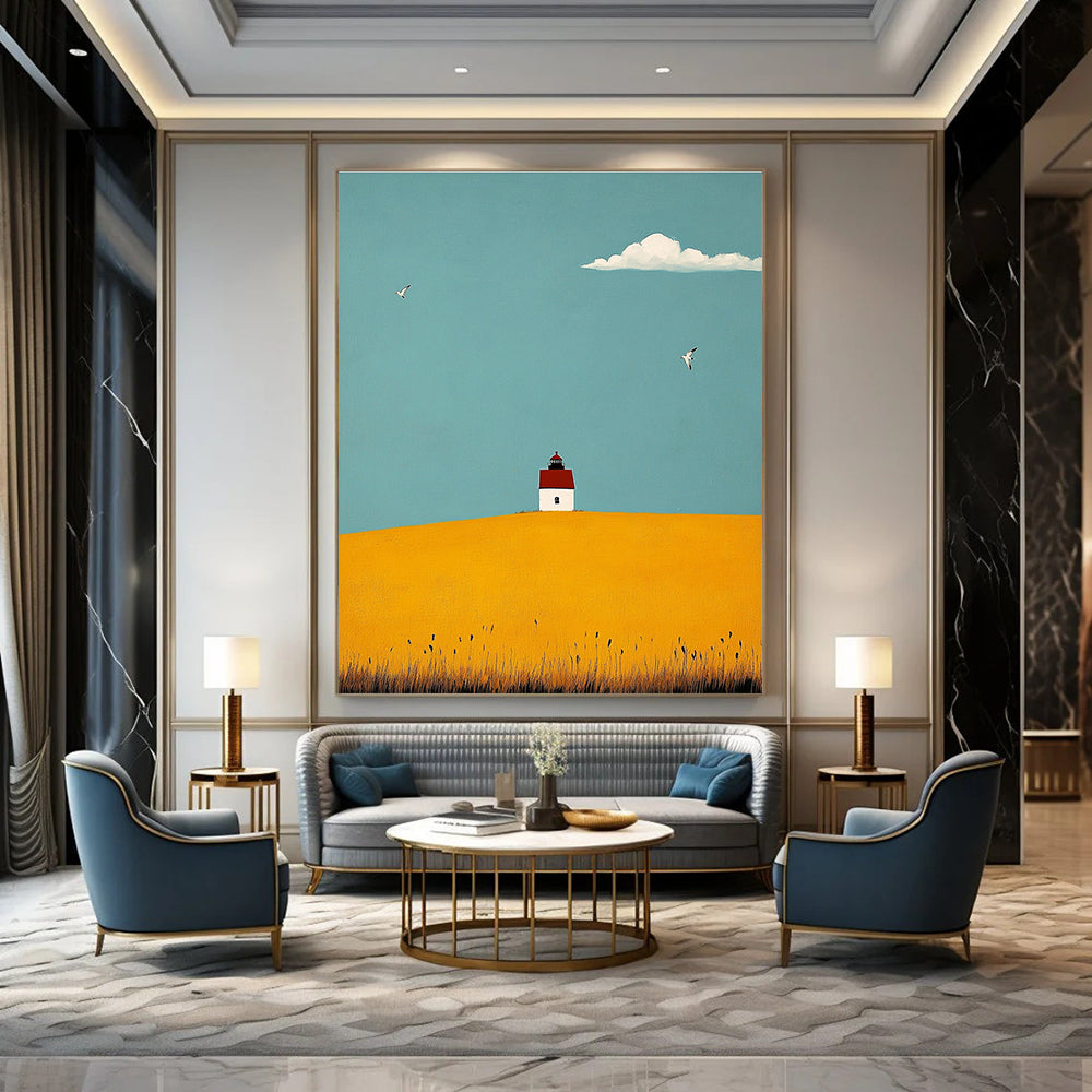 Abstract painting featuring a lighthouse, yellow fields, seagulls, and a vibrant blue sky using soft brushstrokes and tranquil colors.STSC1039