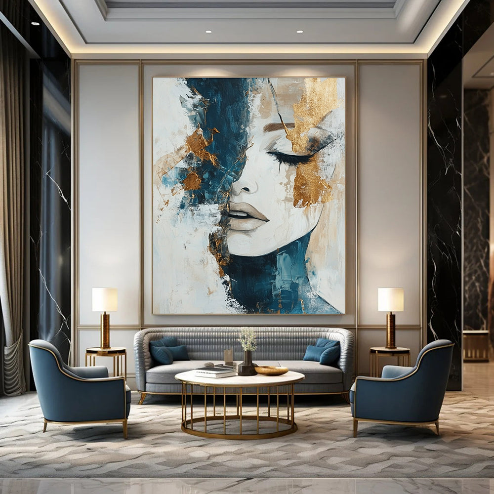 Large abstract painting in white beige and blue tones with gold accents representing the harmony of nature's elements on canvas.STSC361