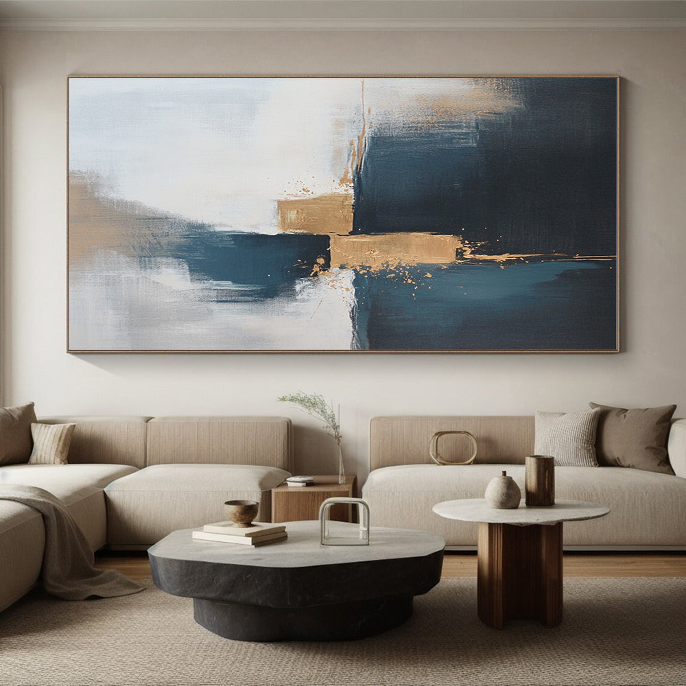 Blue and Gold Abstract Painting with Subtle Splashes GER554