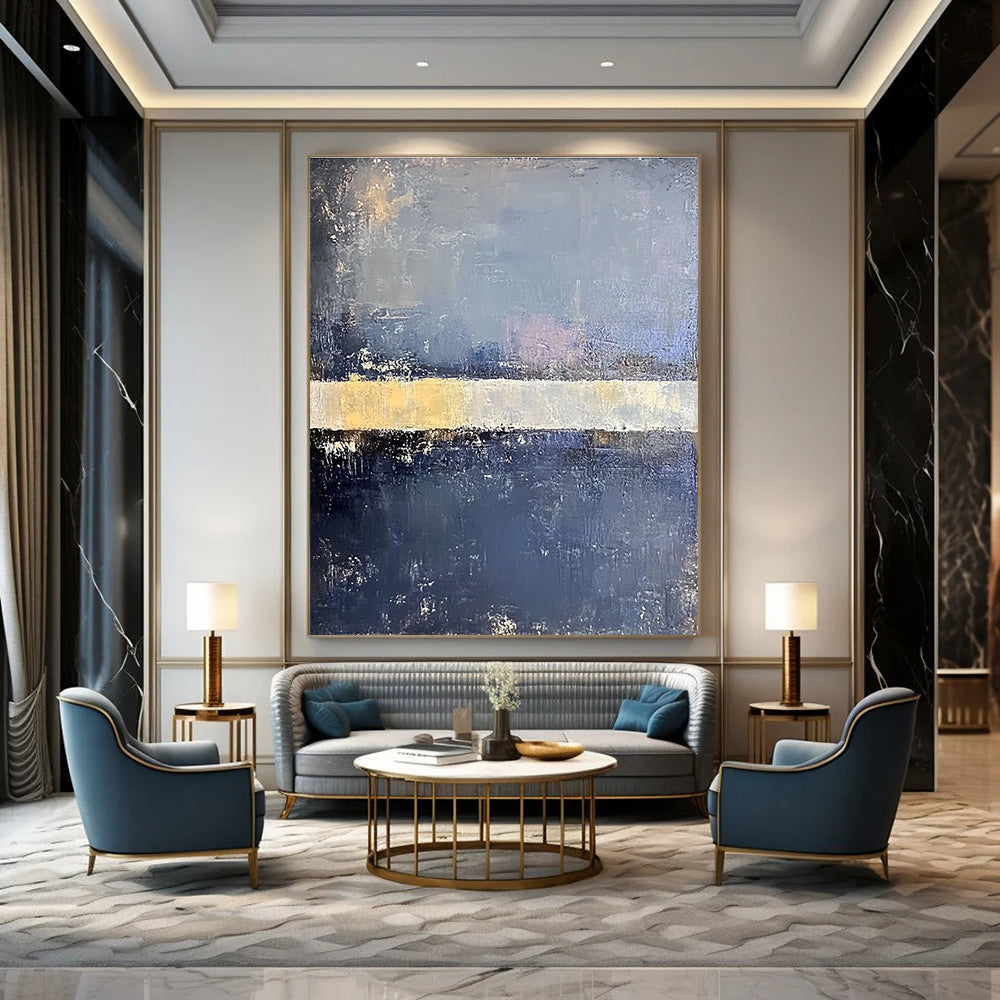 Large abstract painting in faded hues of blue gray and pale yellow with soft edges on a dark gray background featuring a white bar.STSC218