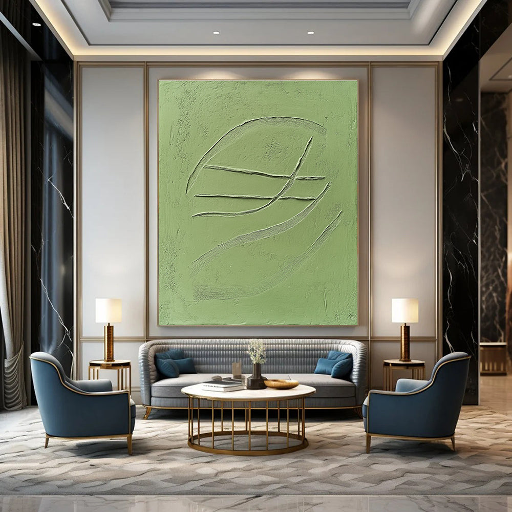 Abstract art featuring a smooth green clay tile with embossed three curved lines against a solid green background.STSC1010