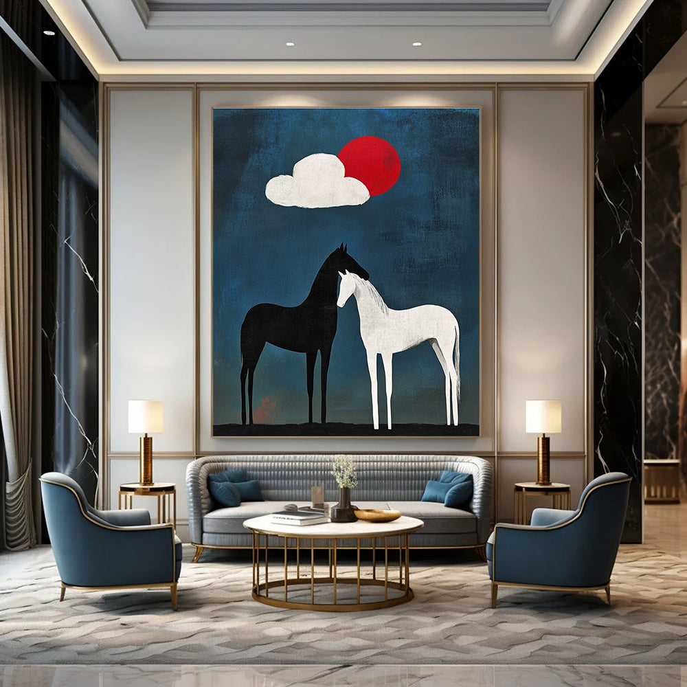 Large abstract painting featuring a black horse with white legs and tail beside another horse under an egg-shaped cloud against a blue background with a red sun.STSC916