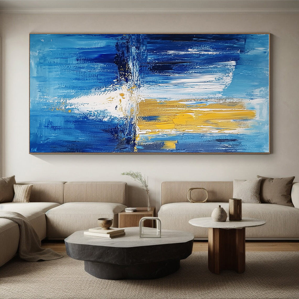 Blue and Gold Abstract Painting with Reflective Motifs GER390