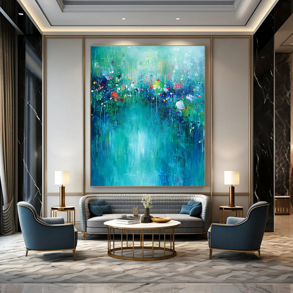 Large abstract painting of an underwater garden featuring vibrant greens and blues with small flowers on a soft turquoise background, evoking calm and tranquility.STSC274